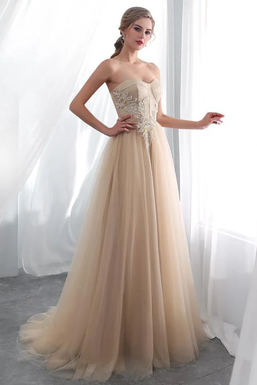 Sweetheart Appliques Champagne Long Prom Dress with Lace-Up Back Lace Evening Gown