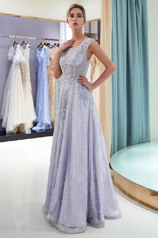 Jewel A-Line Lace Lavender Prom Dress with Appliques / Beading Lace Gown Style