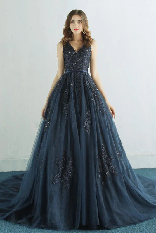 Elegant A Line Navy Blue Long Prom Dress with Lace Appliques Lace Dress Accent