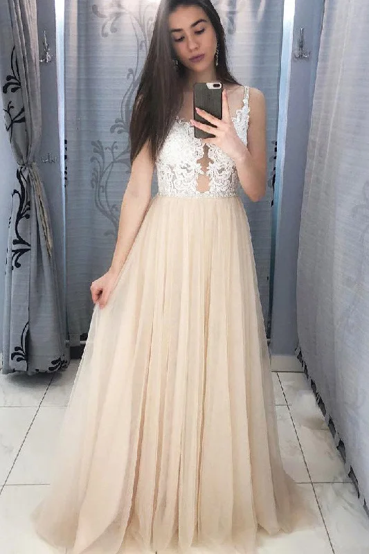 Elegant Champagne Long Prom Dress with Lace Appliques Lace Detail Gown