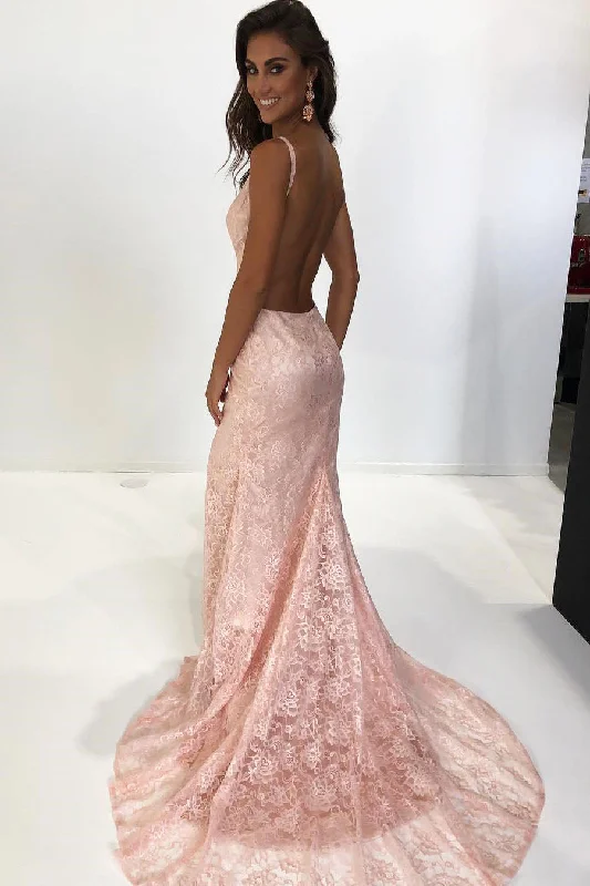 Elegant Mermaid Pink Lace Long Evening Dress Lace Overlay Dress