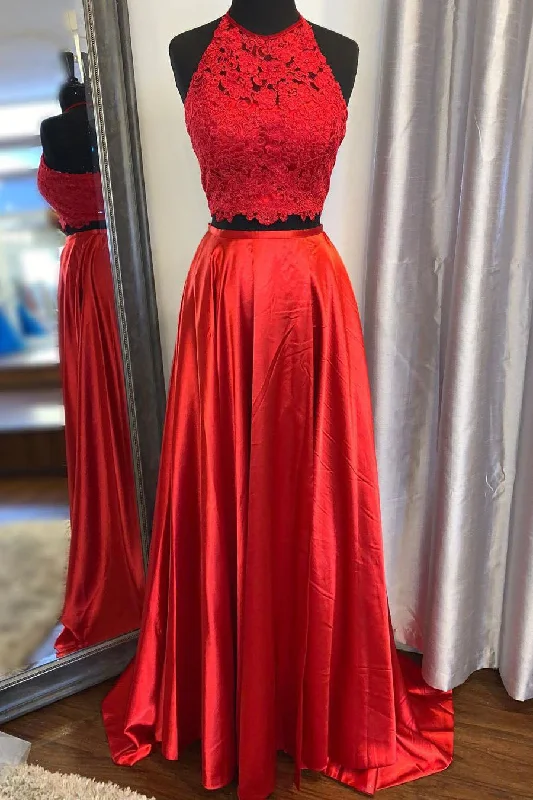 Elegant Two Piece Red Lace and Satin Long Prom Dress Lace Dress Sleek