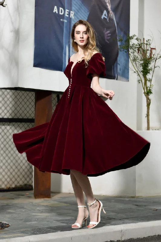 Fast Shipping Short Sleeves Lace-up Back Burgundy Mid-Calf Prom Dress Flowy Lace Dress