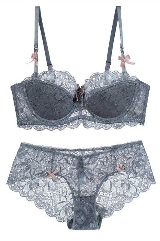 Free Shipping Grey Lace Lingerie Set Lace Fit-and-Flare