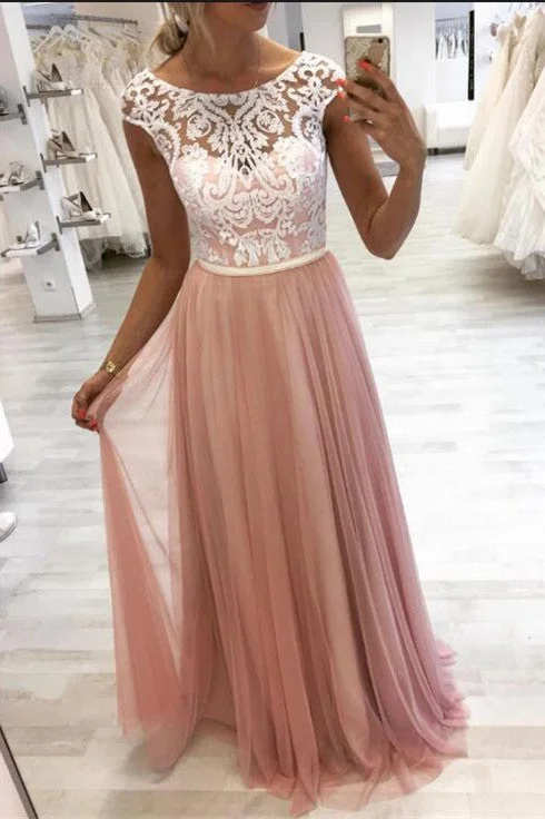 Gorgeous Blush Pink Long Prom Dress with White Lace Top Lace Dress Trendy