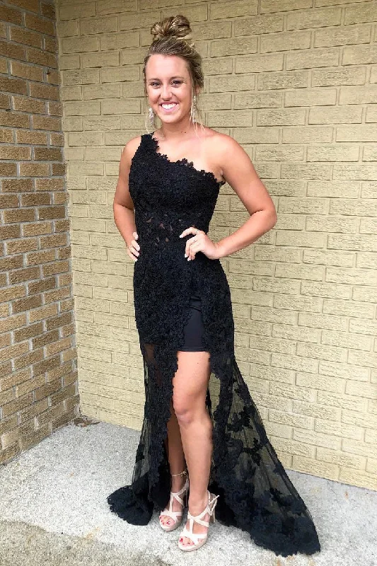 High Low One Shoulder Sheath Lace Black Prom Dress Off-the-shoulder Lace