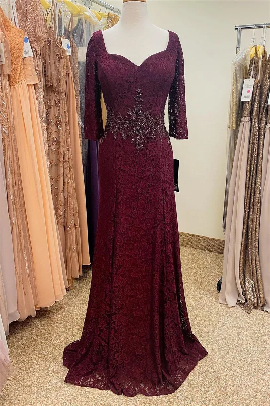 Lace Burgundy Beaded Waist Long Mother of Bride Dress with Sleeves Lace Dress Deep V