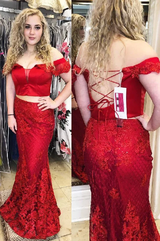 Mermaid Off Shoulder Lace-Up Two Piece Red Prom Dress with Lace Lace Gown Glam