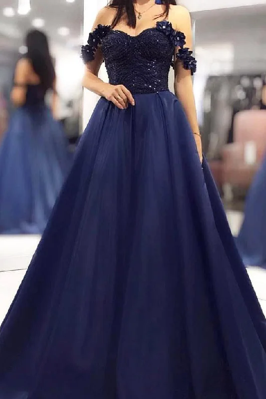 Off the Shoulder Dark Navy Long Prom Dress with Lace Top Lace Party Gown