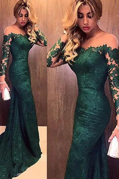 Illusion Sleeves Off the Shoulder Mermaid Lace Hunter Prom Dress Lace Dress Elegance