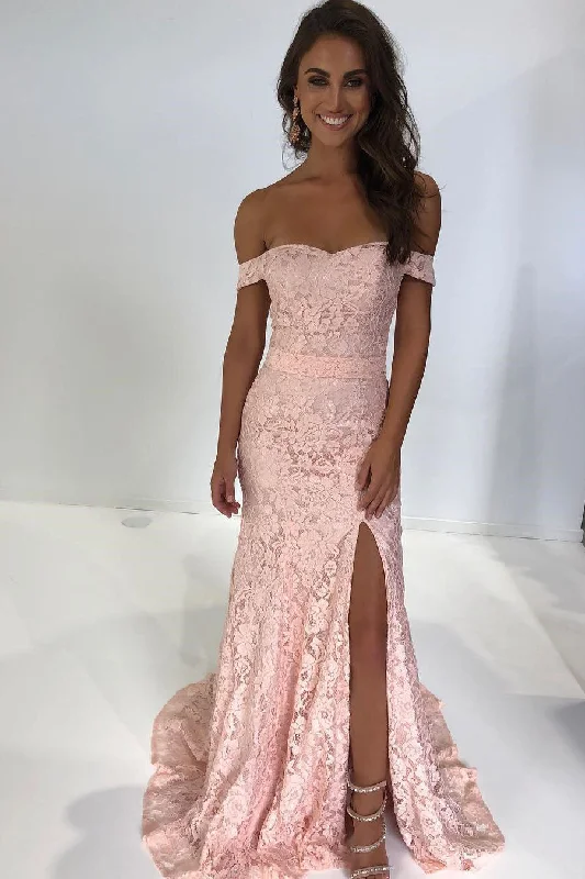 Off the Shoulder Pink Lace Long Evening Dress Lace Dress Perfect