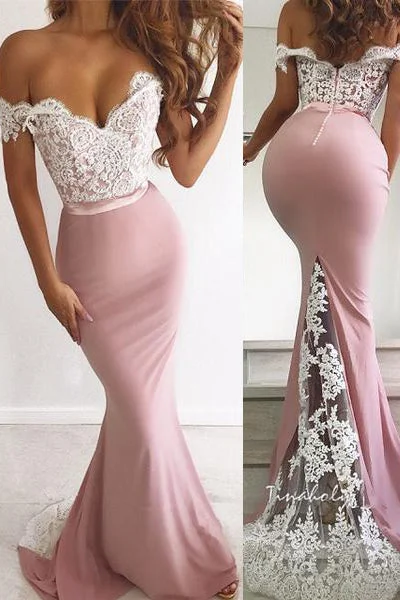 Off the Shoulder Pink Mermaid Evening Dress White Lace Appliques Lace Dress for Weddings