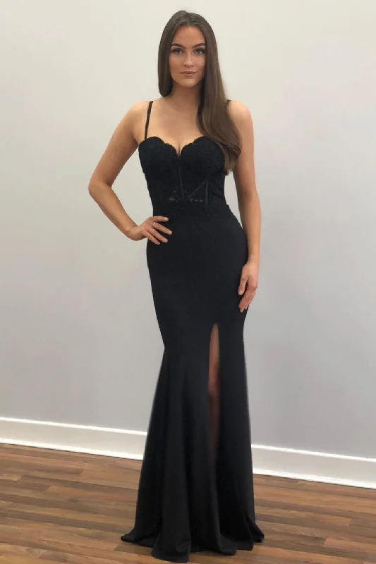 Sexy Straps Mermaid Black Long Prom Dress with Lace Top Full Lace Dress