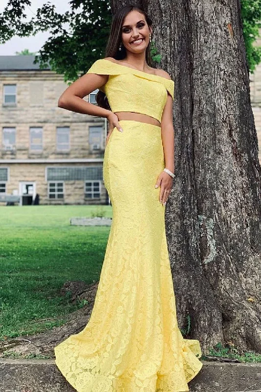 Two Piece Off the Shoulder Lace Mermaid Yellow Prom Dress Lace Dress Twirl