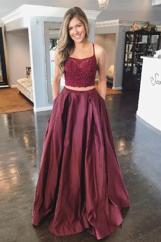 Two Piece Criss Cross Back Maroon Long prom Dress with Lace Top Lace Dress Classic