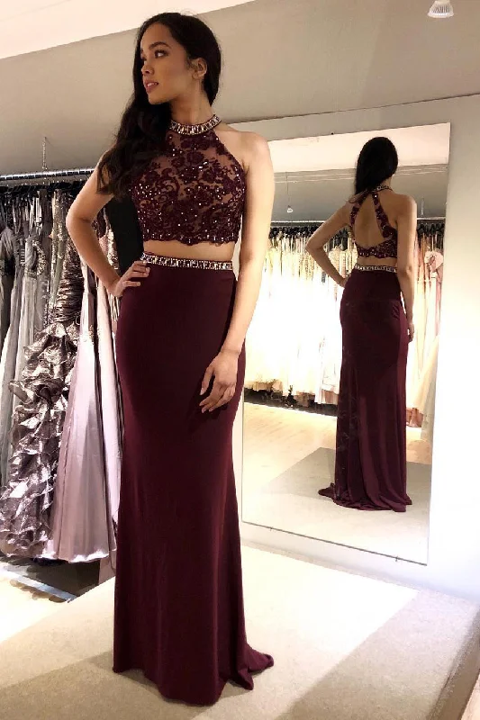 Two Piece Mermaid Beaded Burgundy Long Prom Dress with Lace Top Lace Dress Dreamy