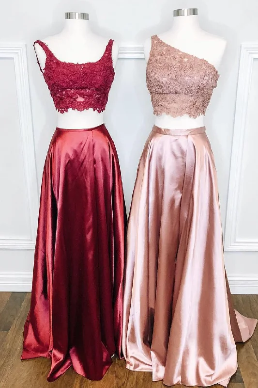 Two Piece Straps/One Shoulder Long Prom Dress with Lace Top Lace Dress Day