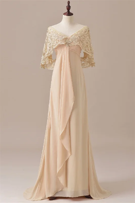 V-Neck Lace Draped Sleeves Ruffle Long Mother of the Bride Dress Layered Lace Dress