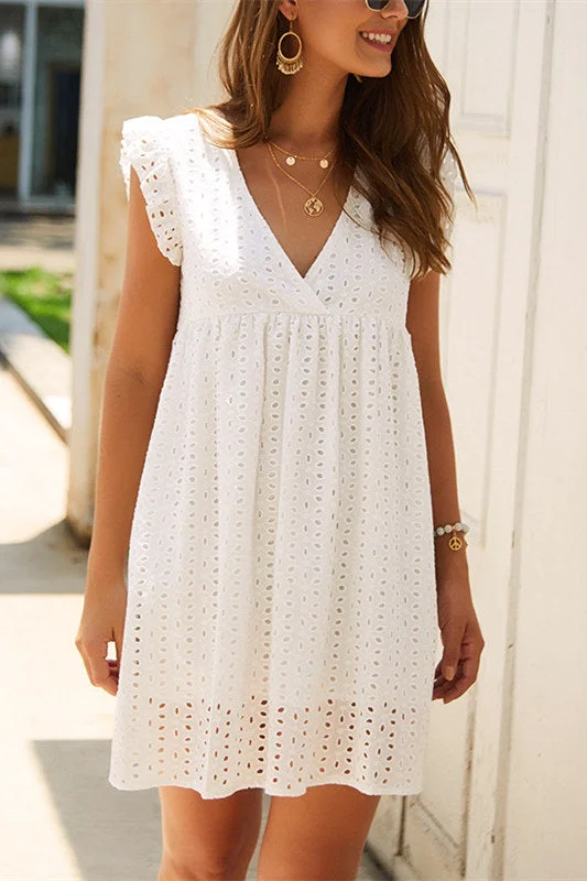 V-Neck White Lace Short Summer Dress Elegant Lace Dress