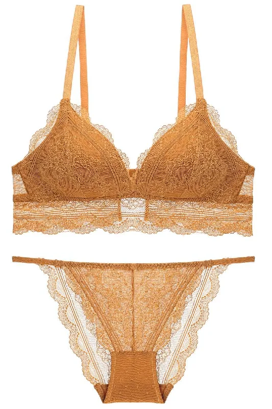 Vintage Triangle Burnt Yellow Lace Lingerie Set Lace Dress Casual